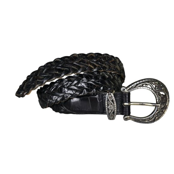 Vintage Brighton Braided Leather Belt With Ornate Metal Buckle Size 30 M Black - Picture 7 of 8
